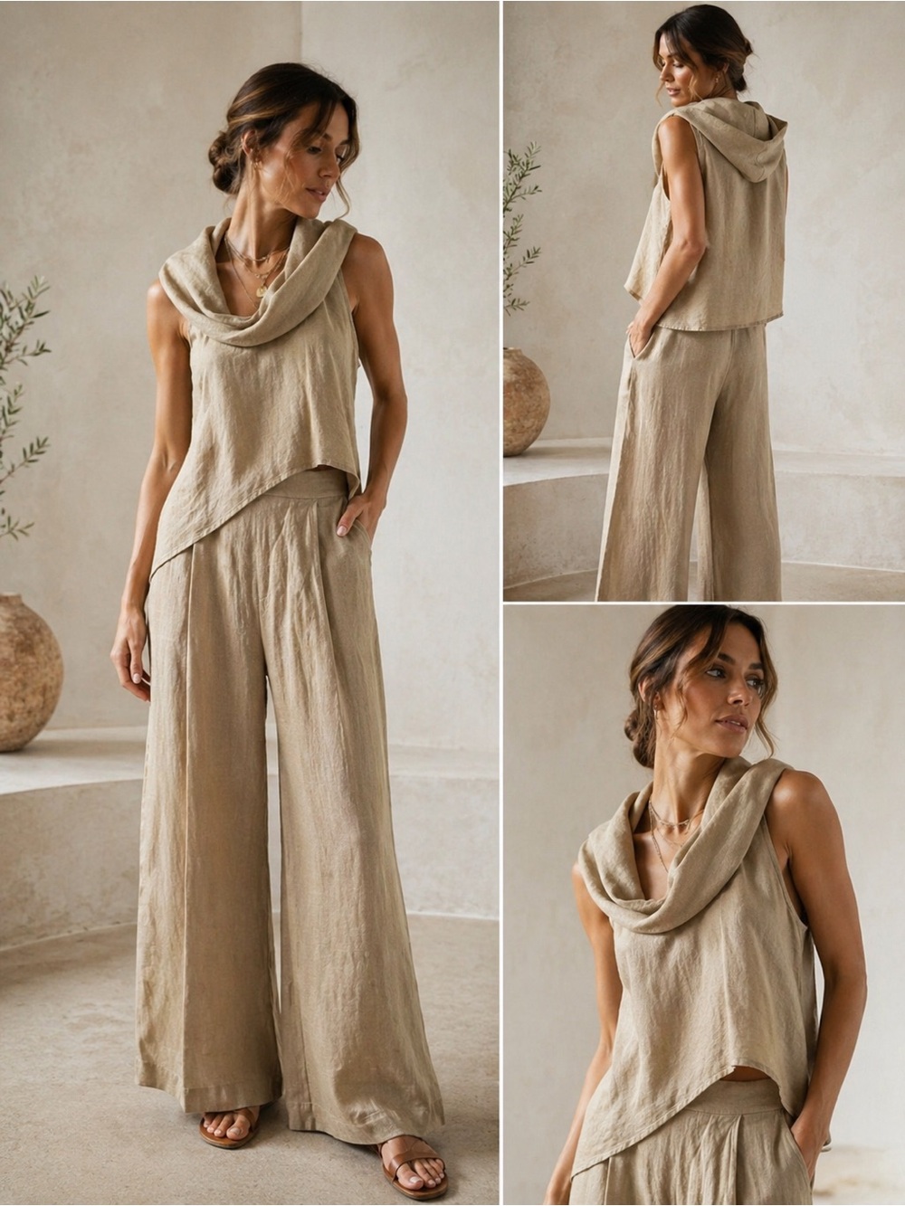 Made in Italy 100% Pure Linen Hooded Cowl Neck Top with Pleated Baggy Pant